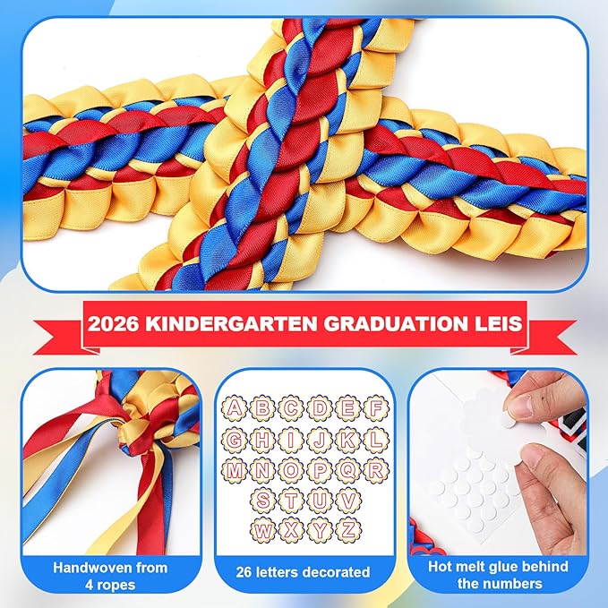 Juexica Kindergarten Graduation Ribbon Leis Class of 2026 Braided Necklace Making Kit with Alphabetic Decorative Cards Preschool Kids Grad Graduation Party Gifts(Red, Yellow, Blue)