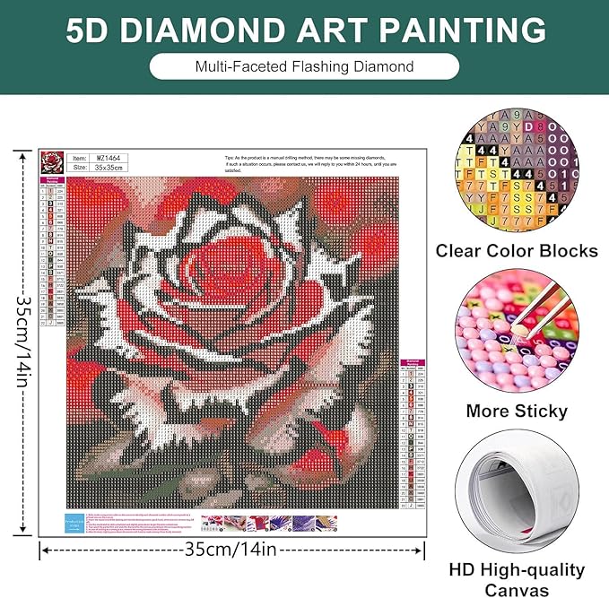 mrpwnle Red Rose Diamond Art Kits for Adults, White Rose Diamond Painting Kits for Adults, 5D Flowers Diamonds Painting, DIY Round Full Drill Gem Art Crafts, Home Decor Gifts 13.8x13.8 inch