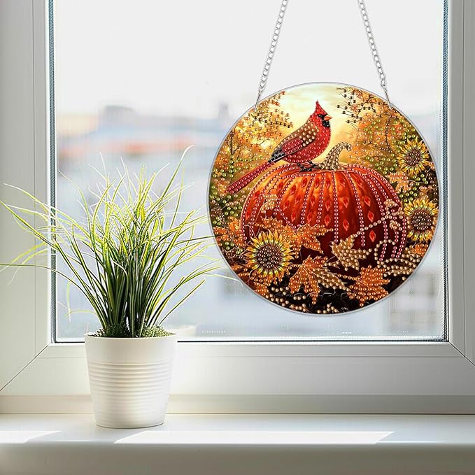 SENQAO Cardinal Diamond Art Hanging Kits for Adults Kids, Acrylic Diamonds Painting Pendant Board Kits Pumpkin, Diamond Art Painting Window Pendants Home Garden Wall Hanging Kits Hanging Ornament