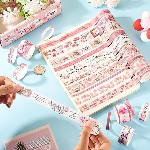 Beadthoven 20 Rolls Pink Washi Tape Set, 5/10/15/20/25mm Cute Floral Washy Paper Tape Decorative Tape Assorted Masking Tape Stickers for Scrapbooking Bullet Journal Planner Present Wrapping DIY Crafts