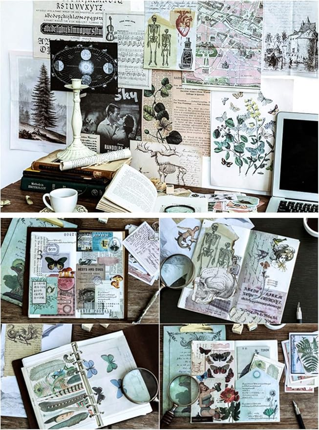 Vintage Aesthetic Memorial Adhesive Handcrafts Washi Sticker Pack, Artsy Antique Paper Decals Supplies for Old-Time Travel Crafts Material Set