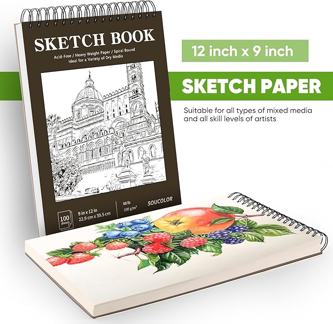 classroom must haves supplies for teacher student, soucolor 9" x 12" sketch book 100 sheets, back to school supplies, art sketchbook, acid free (68lb/100gsm) artist drawing book painting sketching pad