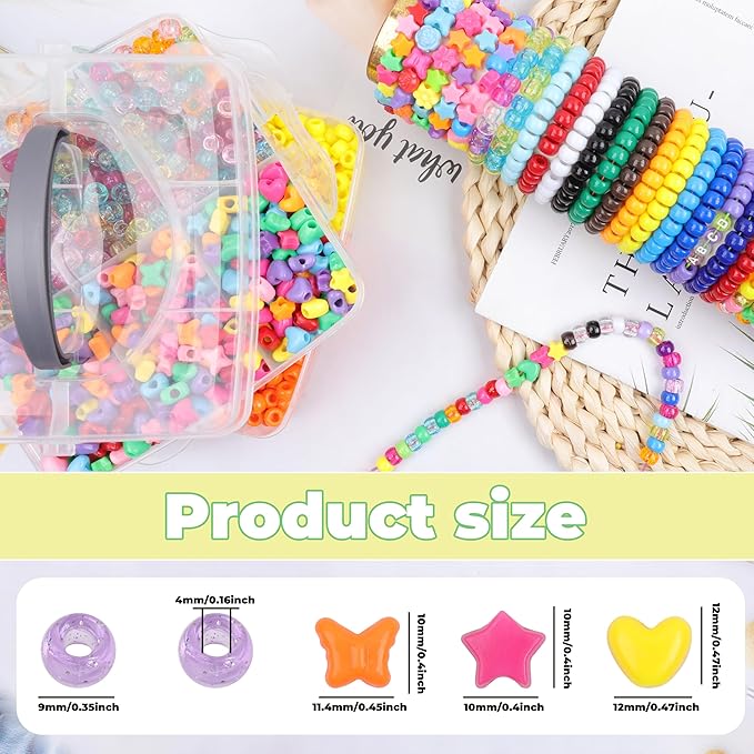 4800 Pcs Pony Beads for Friendship Bracelets 6x9mm 18 Solid 8 Color Shapes 10 Glitter Plastic Beads for Jewelry Making Supplies Necklaces Keychains Hair Braid DIY Craft Accessories