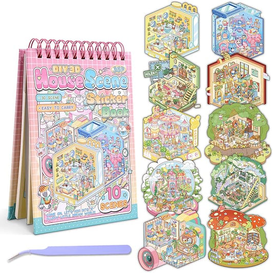 10 Sets DIY 3D House Stickers, Scene Miniature Scene Sticker Book, Cute Cartoon Scenes for Women Girls Teen Kids, Make Your Own Sticker, Fun Room Sticker BookRelief Stress Pass The Time
