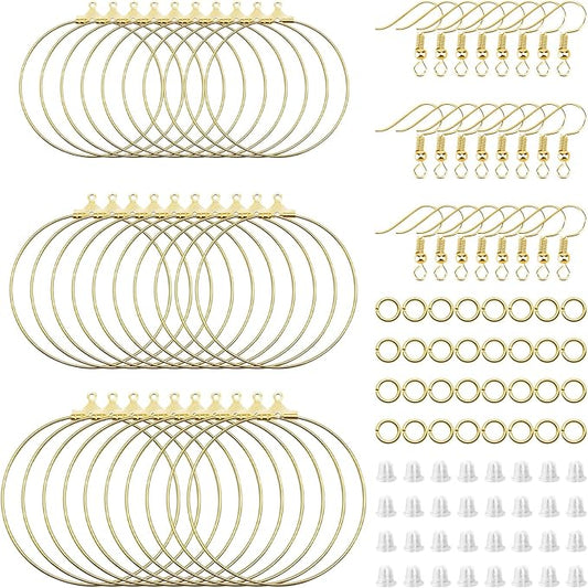 280pcs earring making kit jewelry making supplies bulk earring findings with round beading hoops,earring hooks,jump rings,earring backs for diy craft earring jewelry making(k gold)