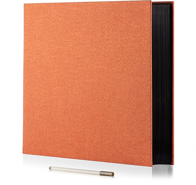 Large Photo Album Self Adhesive 4x6 8x10 10x12 13"x12.6" Scrapbook Album 12.6"x11" Inch 60 Black Sticky Pages Linen Cover Magnetic Photo Album with A Metallic Pen and DIY Stickers(Orange)