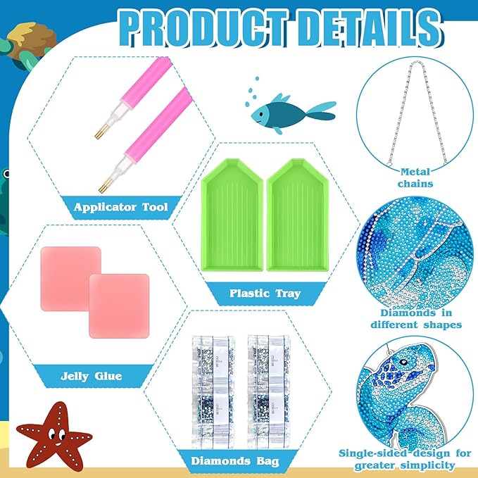 Yuefunny 3 Pcs Ocean Diamond Painting Hanging Kits, 5d DIY Coastal Diamond Art Turtle Starfish Door Sign, Summer Beach Hanging Decor for Home Garden Wall Window Under The Sea Party Favors