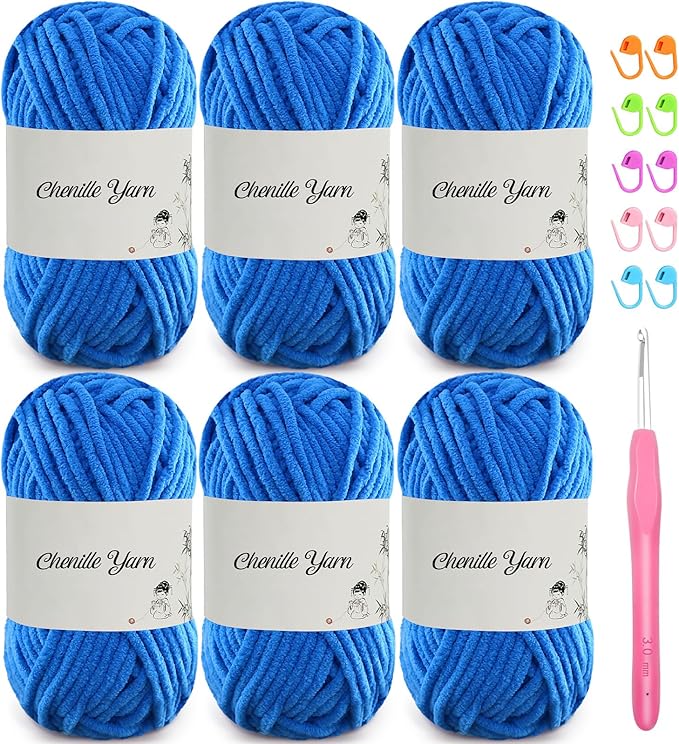 SIMEIQI 6 Pack of 1.76oz Chenille Yarn for Crocheting,60yards Soft Fluffy Velvet Yarn, Ideal Crochet for DIY Baby Blankets Toys Scarves Throw Pillows Hats Cushions(Blue)