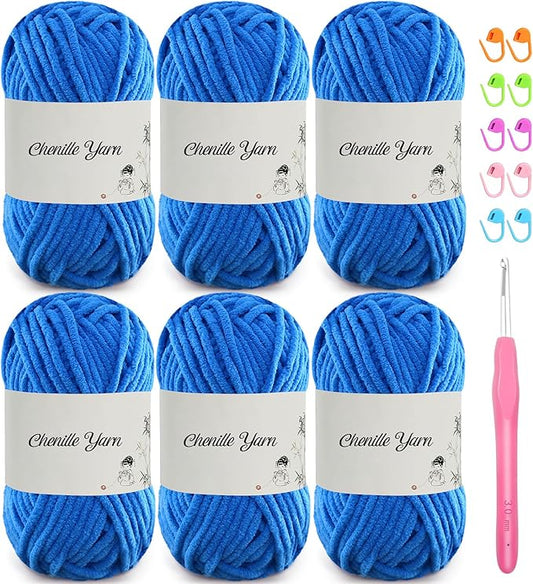 SIMEIQI 6 Pack of 1.76oz Chenille Yarn for Crocheting,60yards Soft Fluffy Velvet Yarn, Ideal Crochet for DIY Baby Blankets Toys Scarves Throw Pillows Hats Cushions(Blue)