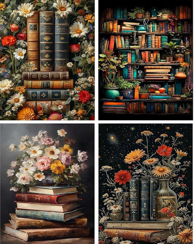 4 Pack Book Flower Stamped Cross Stitch Kits for Adults - Embroidery Kits for Beginners Adults,11 CT Patterns Dimensions Counted Cross Stitch Kits for Arts Craft Kits12x16 inch