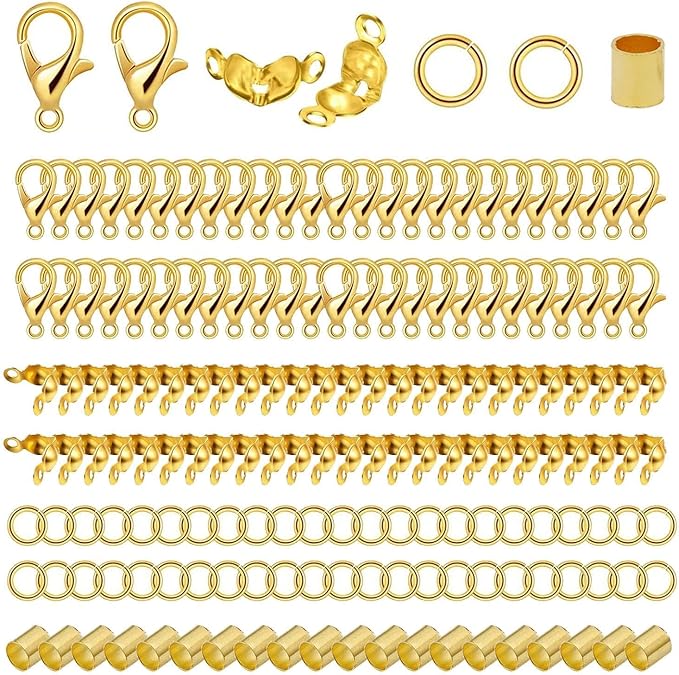 700pcs Jewelry Making Accessories Set with 100 Lobster Claw Clasp 200 Bead Tips Knot Covers 200 Crimp Tube Beads and 200 Open Jump Ring Connectors for DIY Jewelry Bracelets Necklaces（Gold）