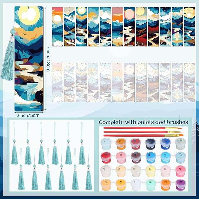 Kosiz 12 Pcs Mountain Paint by Numbers Kit for Adults Wood Bookmark Painting Decor Mini Paint by Numbers Kit Tassels Blank Bookmarks Craft for Small DIY Book Lovers Gift 7x2 ''