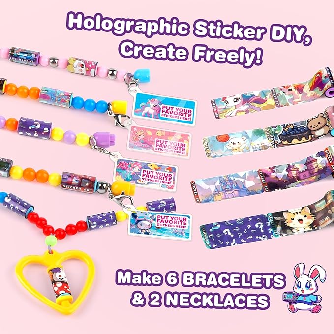plunack diy jewelry making kits bracelets for kids, stickers set, includes beads & charms & pendants, 320pcs wearable & shareable stickers rolls for ages 5+ and up, birthday gift for girls