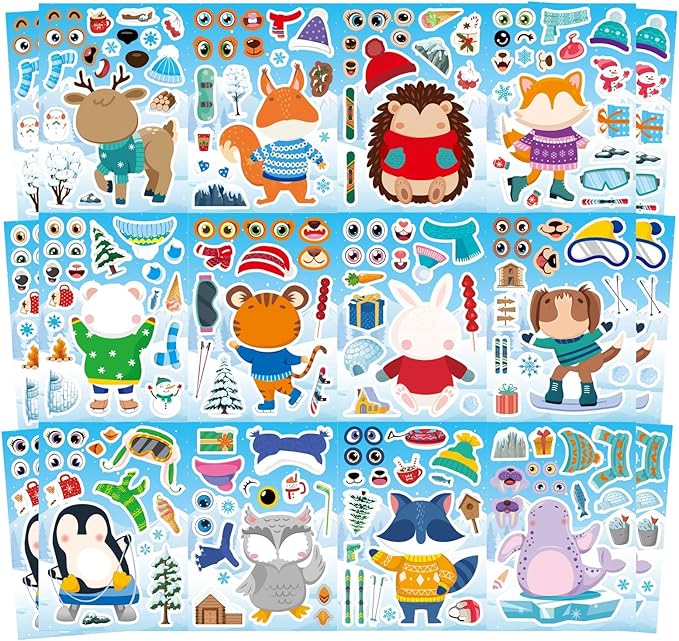 24 sheets winter stickers for kids toddlers, make-a-face sticker, make your own stickers with 12 designs of animal owl penguin snowman bear sticker for winter party decorations supplies