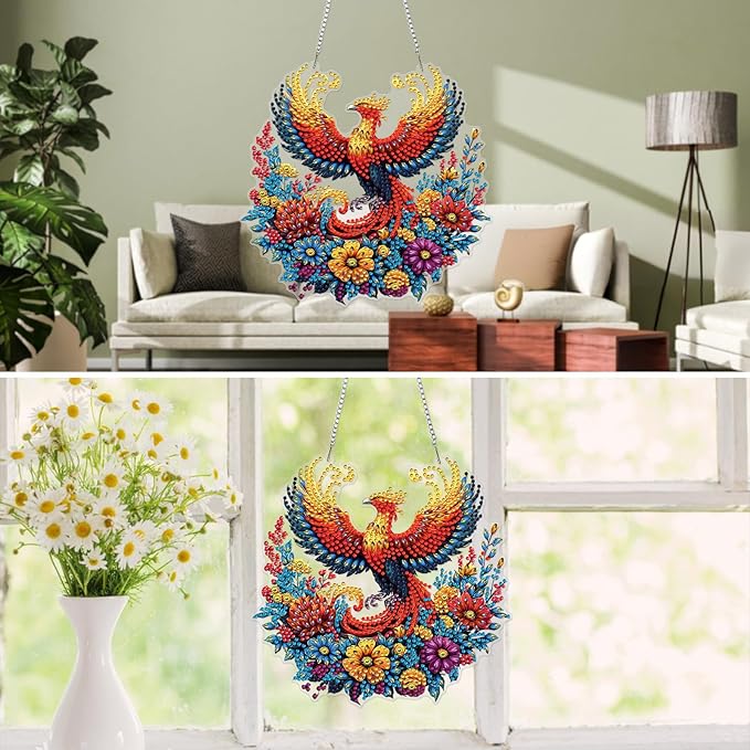 MXJSUA Phoenix Diamond Art Hanging Kits for Adults Beginners, DIY Acrylic Special Shaped Crystal Animals Diamond Gem Art Pendant Drills Painting Ornament for Home Wall Decor and Gift