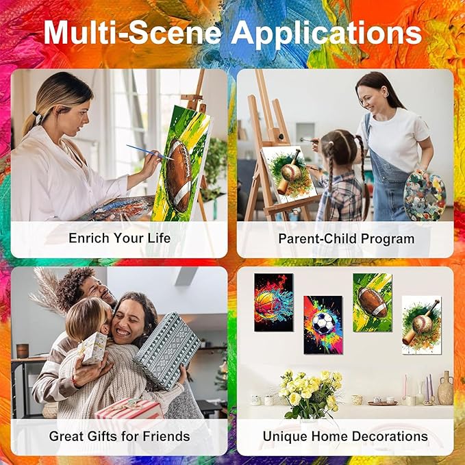 4 Pack Paint by Numbers for Beginners with Framed Canvas - with Wooden Easel, Ball Sports Paint by Number, Easy Cartoon Acrylic Oil Painting Kits on Canvas with Brushes for Home Wall Decor (8x12 inch)