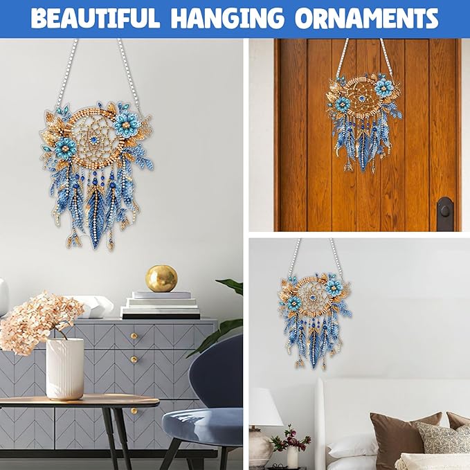 NAIMOER DIY Hanging Diamond Art Kits for Adults, Blue Dream Catcher Diamond Painting Kits, Special Shaped Rhinestone, Acrylic 5D Gem Art Craft Window Pendants Home Garden Wall Hanging Ornament Kits
