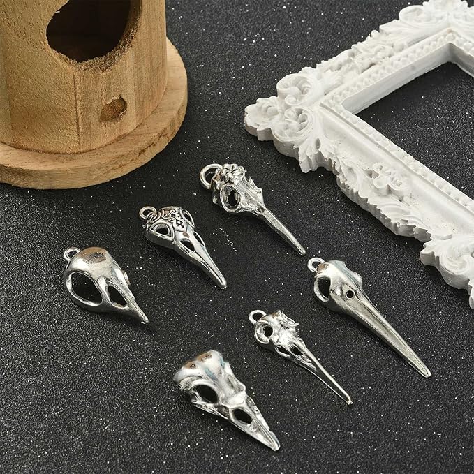 DanLingJewelry 30Pcs 6 Styles Antique Silver Raven Skull Bird Head Skeleton Charms for Halloween Jewelry Making Crafting