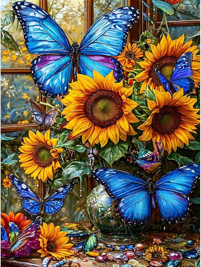 GEEHEIY Sunflower Diamond Art Kits for Adults, 5D Butterfly Diamond Painting Kits for Beginner, DIY Blue Butterfly Gem Art Dots for Adults, Perfect for Home Wall Decor 12x16 Inch