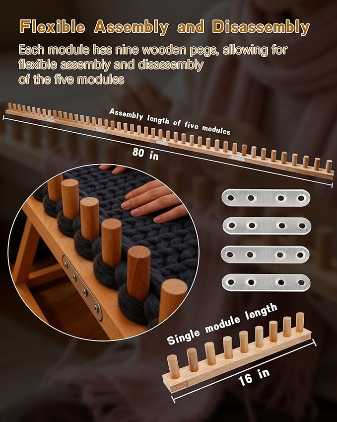 Tofcbye 80" Chunky Knit Yarn Blanket Loom Kit, Chunky Blanket Wooden Loom for Beginners, Connectable and Disassembleable 5-in-1