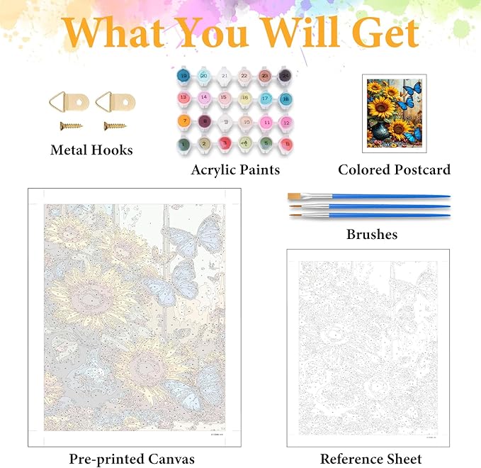 Paint by Numbers Kit for Adults Beginner Sunflower, Butterfly Adult Paint by Number Kits on Canvas, Flower DIY Acrylic Oil Painting by Numbers for Adults, Perfect for Home Wall Decor 16X20 Inch