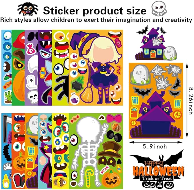 48 pcs halloween make-a-face stickers halloween characters stickers for kids make your own mix and match sticker diy crafts decorating toy sticker trick or treat party game activities