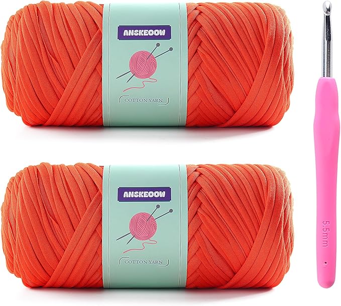 2 Skeins Tshirt Yarn for Crochet,Soft T Shirt Yarn for Crocheting Bag/Basket/Home Decor,Trapillo para Tejer a Crochet Bolsas with 1 Crochet Hook,Each Ribbon Yarn 7oz, 65yds (Orange Red)