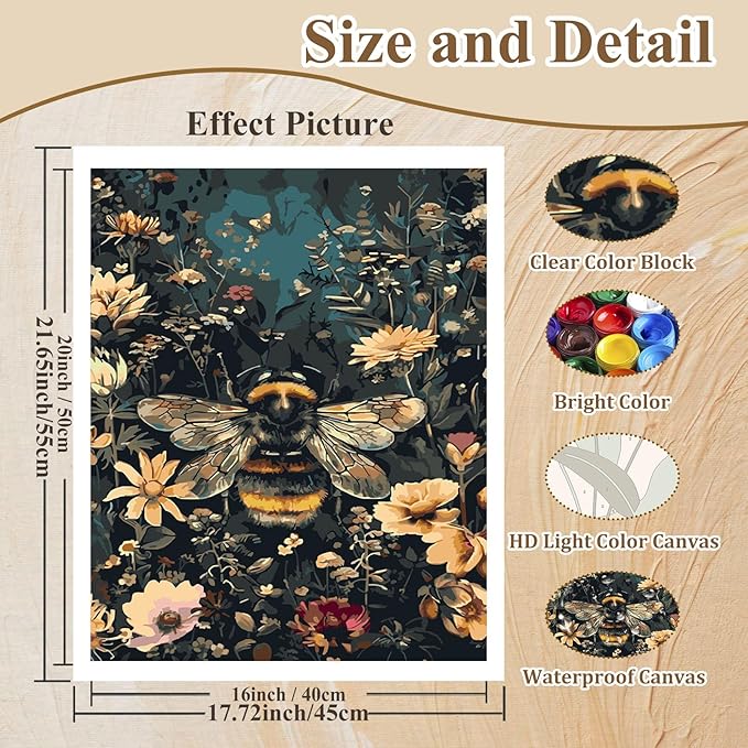 HMZephitiquc Bee Paint by Numbers Kit for Adults Beginners, Bee Paint by Number for Adults, Painting by Numbers, Easy DIY Crafts for Gift Home Wall Decor 16x20 in