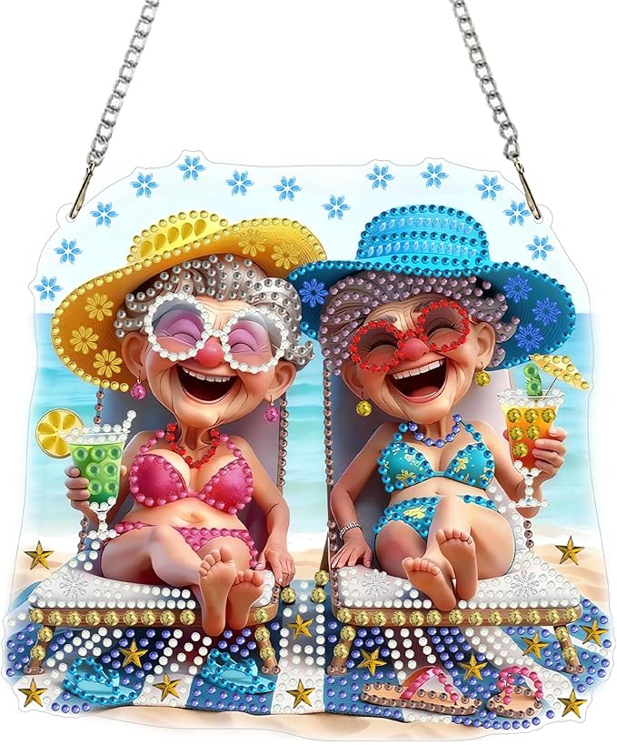CEOVR Happy Grandma Hanging Diamond Art for Adults, Summer Beach Diamond Painting Pendant DIY Gem Art Wall Ornament, Acrylic Home Garden Decor with Chain, Box Kit 7.87×7.39inch