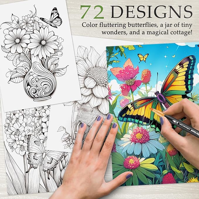 Coloring Books for Adults Relaxation, Stress Relief Coloring Book with 36 Dual Tip Markers, Spiral Coloring Book Set with 72 Patterns Include Magic & Butterfly & Jars, Arts and Crafts Gift for Women
