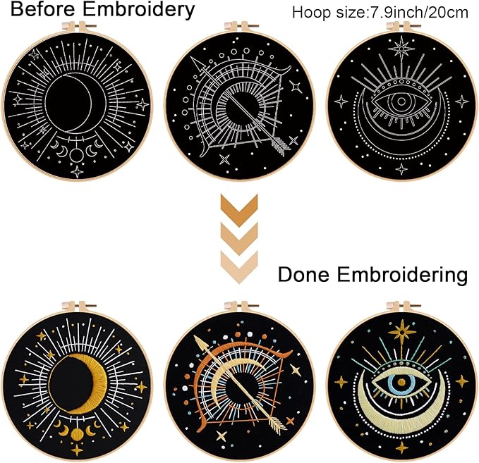 Louise Maelys 3 Set Tarot Moon Embroidery Kits for Beginners with Evil Eye Pattern,Adults Starter Cross Stitch Kit DIY Needlepoint
