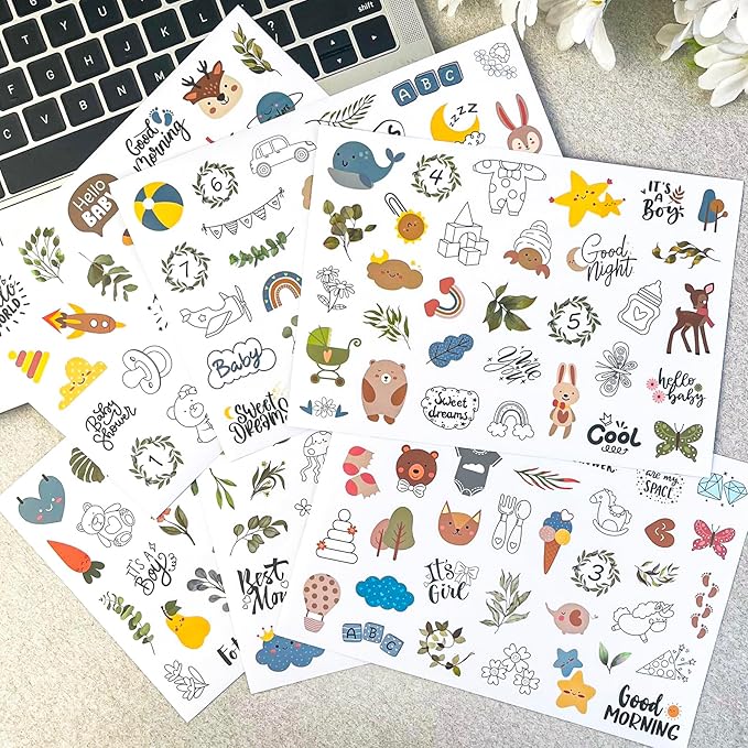 German Baby Milestone Stickers, 6 Sheets 190pcs Clear Matte Waterproof PET Stickers for Baby Memory Book, Baby Album, Scrapbooking, Newborn & First Birthday Decoration