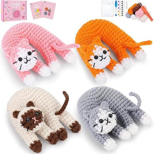 Fortuning's JDS Crochet Kit for Beginners, 4 Pack Funny Cat Crochet Kits, Animal Starter Crochet Kit with Step-by-Step Video Tutorials, Easy DIY Cat Craft for Adults, Novelty Gift for Crochet Lovers