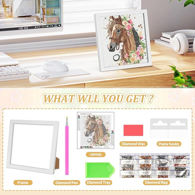SENQAO Horse Diamond Art Kit for Adults with Frame Art and Crafts for Adults Ages 4-6-8-12 Easy to DIY Diamond Art for Adults and Adult Beginners Home Wall Decoration 7.1x7.1inch