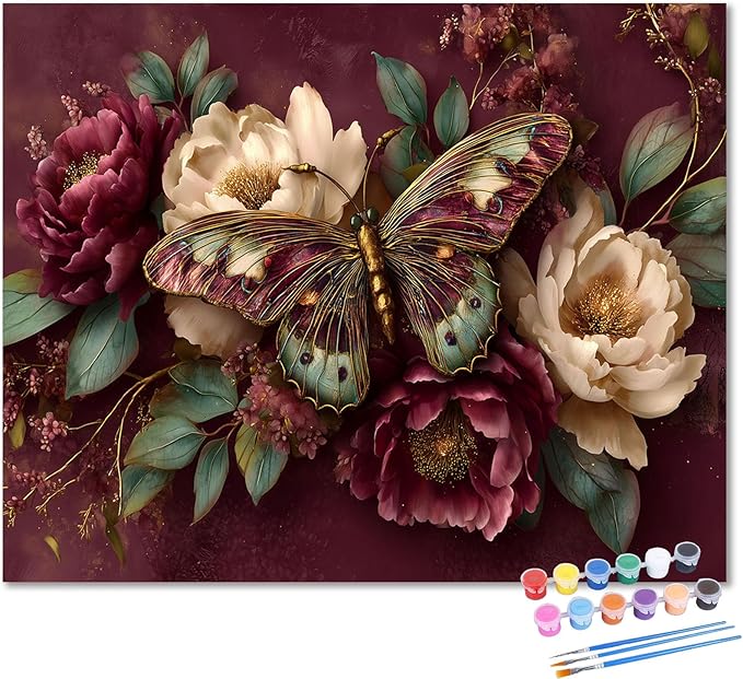 HMZephitiquc Butterfly Paint by Numbers Kit for Adults, Paint by Numbers for Adults Peonies, Flowers Painting by Numbers, Acrylic Oil DIY Crafts for Gift Home Decor 16x20 in