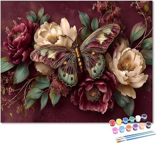 HMZephitiquc Butterfly Paint by Numbers Kit for Adults, Paint by Numbers for Adults Peonies, Flowers Painting by Numbers, Acrylic Oil DIY Crafts for Gift Home Decor 16x20 in