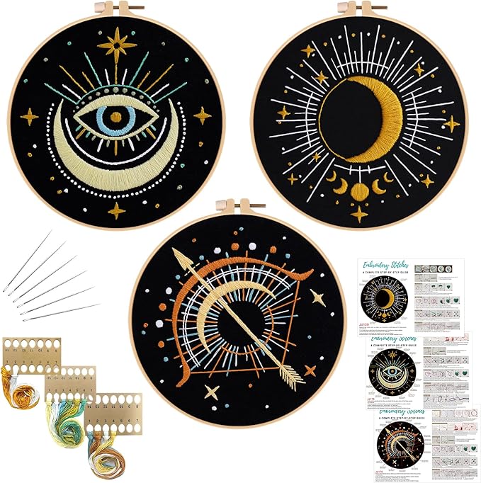 Louise Maelys 3 Set Tarot Moon Embroidery Kits for Beginners with Evil Eye Pattern,Adults Starter Cross Stitch Kit DIY Needlepoint