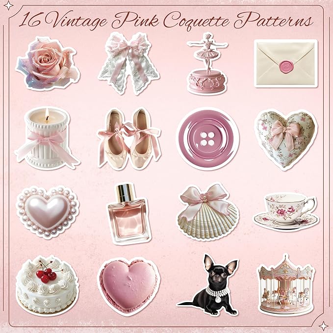 h1vojoxo vintage coquette aesthetic stickers - 1000pcs pink coquette stickers in 2 rolls waterproof vinyl girly realistic coquette decal for kids girls water bottle scrapbook laptop crafts giftwrap