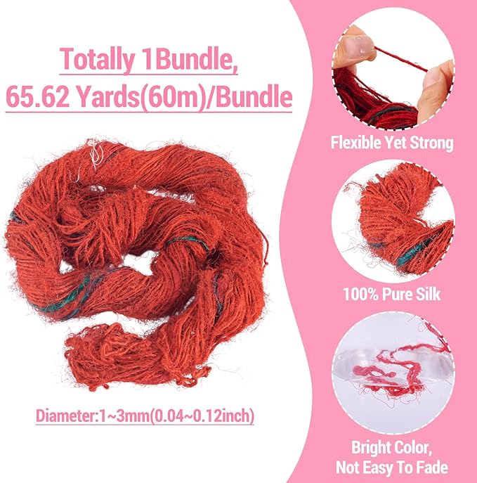 65.62 Yards Sari Silk Ribbon Yarn, Red Sari Ribbon Yarn Tassels Skeins Vintage Fabrics Crafts for Knitting Crocheting Macrame Tassels Scrapbook Craft Project Decor