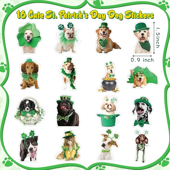 h1vojoxo st. patrick's day sticker rolls - 1000pcs irish shamrock holiday dog stickers for kid 16 designs st. patrick's cute dog realistic sticker for craft st. patrick funny dog stickers for envelope