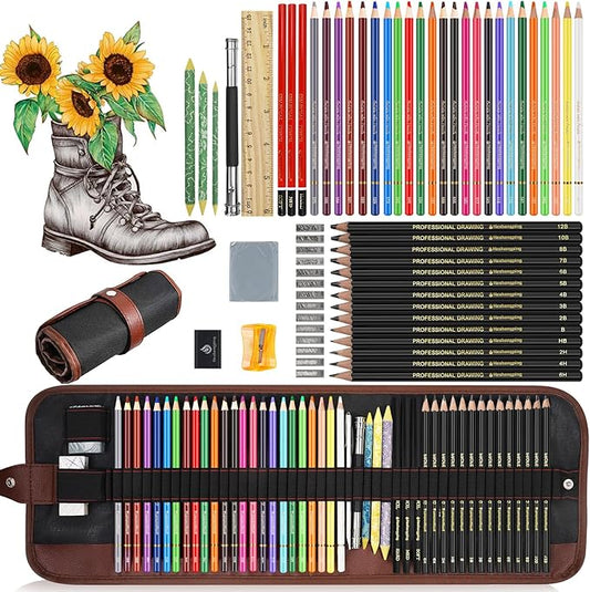 Heshengping Sketching Drawing Art Pencil Kit-50 Piece Set with 24 Color Pencils for Coloring Books, 14 Graphite 3 Charcoal Erasers Etc., Artist Supplies Ideal for Adult, family friend, Beginner