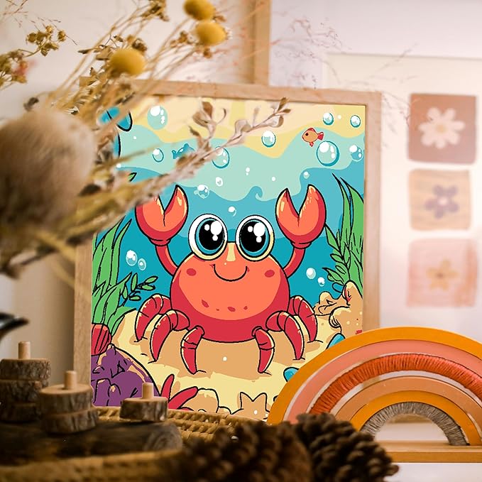 Gemozaic Paint by Numbers Kit for Kids with Frame and Easel, Cute Crab Kids Paint by Number on Canvas for Age 4-8, 8x8 Inch