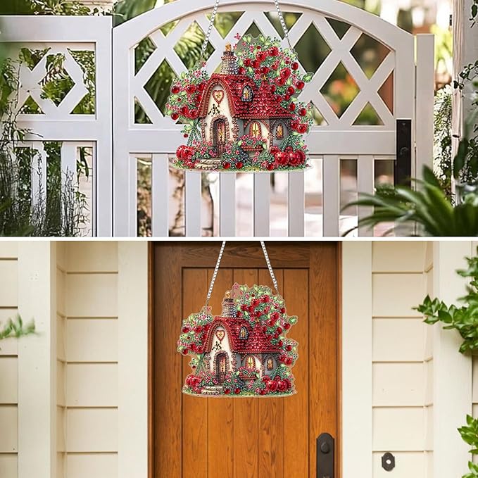 MXJSUA Cherries House Diamond Art Hanging Kits for Adults Beginners, Crystal Diamond Suncatchers, Special Shape Diamond Painting Pendant Window Ornament Gifts for Home Garden Door Wall Decor