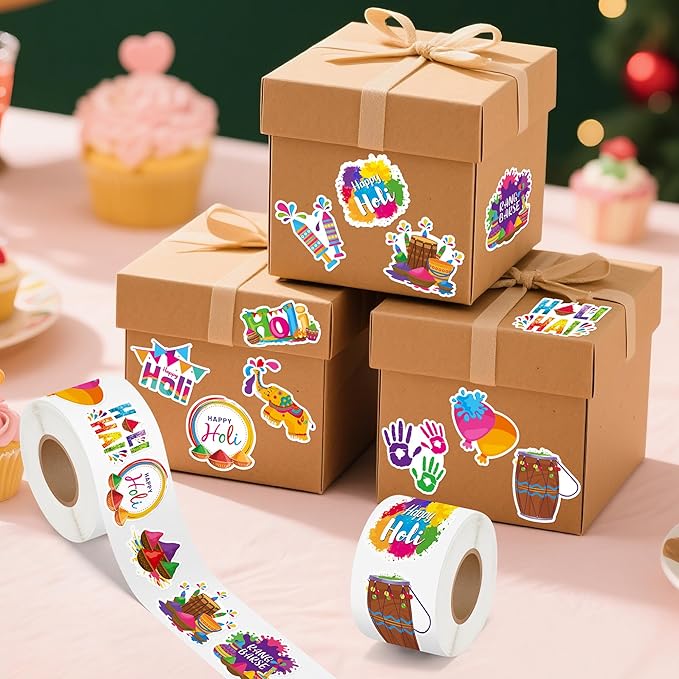 beyumi happy holi sticker roll - 1000pcs indian holi hai festival stickers in 2 rolls waterproof vinyl holiday celebration colorful decals gift festival party favors laptop bottle scrapbooking decor