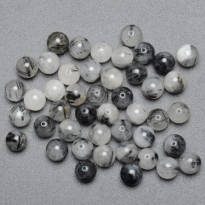 LPBeads 100pcs Polished 8mm Round Natural Black Rutilated Quartz Gemstone Loose Beads with Stretch Cord for Jewelry Making Bracelets
