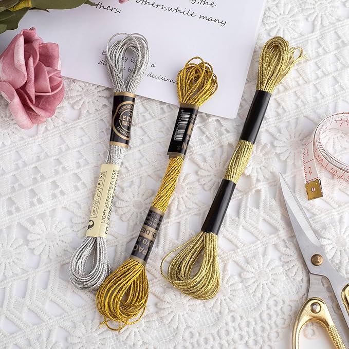 3 Skeins Metallic Embroidery Floss, Glitter Embroidery Thread String, Polyester Cross-Stitch Threads for Hand Embroidery, String Art, DIY Bracelet- Gold & Silver & Yellow