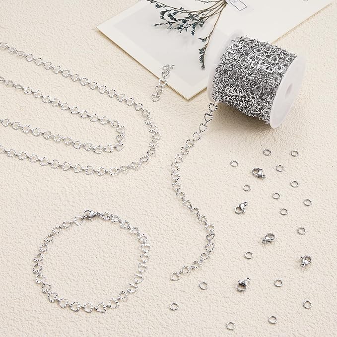 YOUBEIYEE 16.4 Feet Stainless Steel Silver Chain for Jewelry Making Heart Link Chain for Women Necklace DIY Chains Bulk
