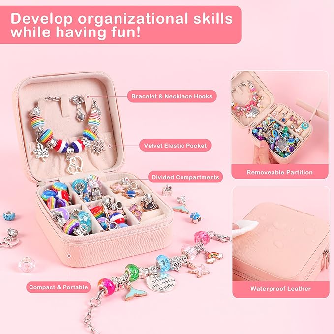 Charm Bracelet Jewelry Making Kit - A Perfect Birthday Holiday Gift for Girls Age 6 7 8 9 10 with Portable Jewelry Box, Cute & Sparkling to Inspire Creativity and Self-Expression, Great Value