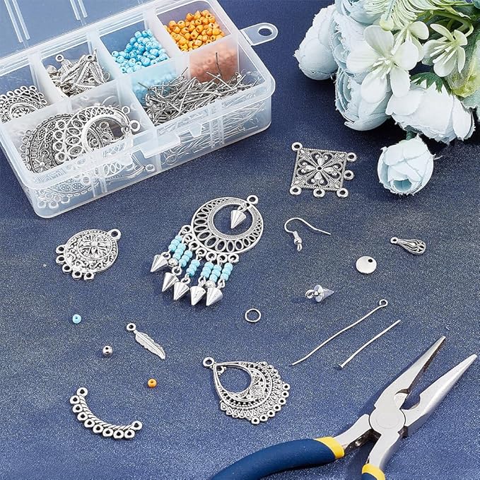 SUNNYCLUE 1 Box DIY 10 Pairs Chandelier Charms Earring Making Kit Boho Charms for Jewelry Making Feather Cone Pendants Flat Round Head Pins Eye Pins Jump Rings Antique Silver Adult Women