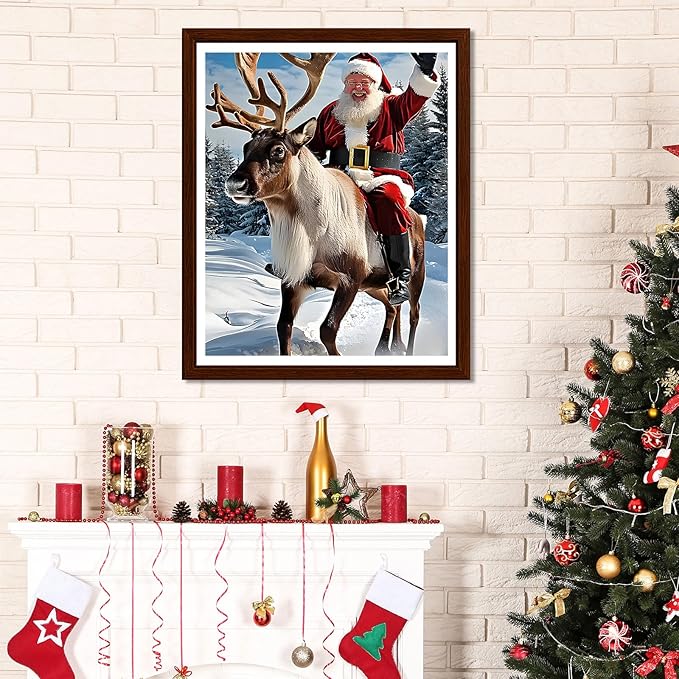 EMIEAUFG Christmas Diamond Art Kits for Adults, Santa Deer Diamond Paiting Kit for Beginners, 5D DIY Round Full Drill Craft Diamond Dot Gem Art, Home Wall Decor 12" x 16"